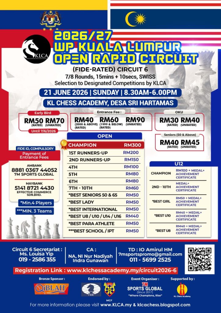 2026/27 WP KUALA LUMPUR Open Rapid Circuit, FIDE-Rated – Circuit 6 on Sunday, 21st JUNE 2026